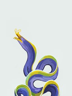 a painting of a blue and yellow snake with a gold crown on its head, in front of a white background