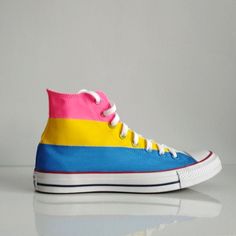 Custom hand painted rainbow shoes. Pansexual flag shoes. Acrylic paint on canvas non-brand shoes or Converse. Every size is possible. I use US size chart! Shoes are hand painted using High grade acrylic paint. I use a special textile paint designed to be flexible on fabric. The paint is water proof and fade proof. Prices depends on what model of shoes you will choose. Let me know the style and your shoe size upon ordering as well as what you want painted on them, and feel free to send me any ske Pride Converse Tops, Hand Painted Multicolor Fun Sneakers, Fun Multicolor Hand Painted Sneakers, Boty Converse, Pride Shoes, Converse Custom, Pansexual Flag, Rainbow Shoes, Painted Rainbow