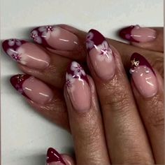 Magenta Acrylic Nails Designs, Burgundy Korean Nails, Lily Flower Nail Art, Dark Red And Pink Nails, Nail Inspo Builder Gel, Dark Red Nails With Flowers, Red Cherry Nail Art, Black Nails With Red Flowers, Dark Red Design Nails