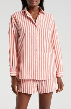 Drift off to sleep in the breathable comfort of cotton-and-silk pajamas that pairs a button-up top with matching shorts. 31" top length; 3" inseam, 32" leg opening; 13 1/2" front rise; 15" back rise (size Medium) Top has front button closure; spread collar; long sleeves with button cuffs; front patch pockets Shorts have elastic/drawstring waist; side-seam pockets 100% cotton with 100% silk contrast Machine wash, tumble dry Imported Cuffed Shorts, Silk Pajamas, Pajama Shorts, Sleepwear Women, Cotton Silk, Shorts With Pockets, Pajama Set, Trendy Fashion, Trendy Outfits