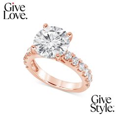 a rose gold engagement ring with diamonds on the side and give love written below it