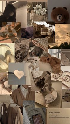 a collage of photos with teddy bears and other things in them, including cards