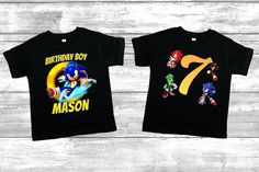 two children's birthday shirts with mario and luigi on them