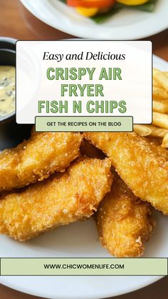 crispy air fryer fish n chips on a white plate with dipping sauces