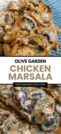 an image of grilled chicken marsala with olive garden sauce on the side and text overlay