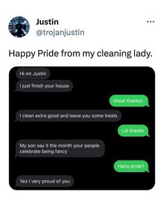 two texts that say happy pride from my cleaning lady, and the caption reads'happy pride from my cleaning lady '