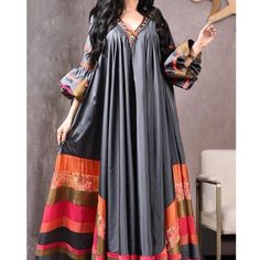 309725653-1 Casual Gray Patchwork Dress, Casual Gray V-neck Maxi Dress, Loose Spring Vacation Dresses, Fall Season V-neck Patchwork Maxi Dress, Long Sleeve Patchwork Maxi Dress For Vacation, Casual V-neck One Size Fits All Dress, Casual V-neck Free Size Dress, Casual Patchwork Maxi Dress For Vacation, Long Summer Dress With Patchwork