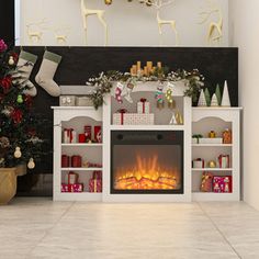 a fireplace with christmas decorations and presents in front of it