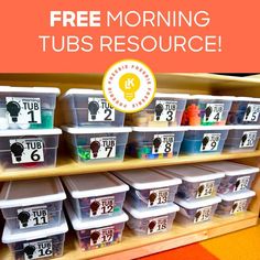 a shelf filled with tubs and plastic containers