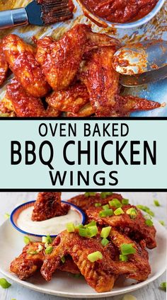 Baked chicken wings with a text overlay title.