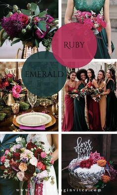 the wedding color trend is burgundy, green, and pink in this photo collage