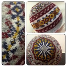 three different pictures of a knitted hat