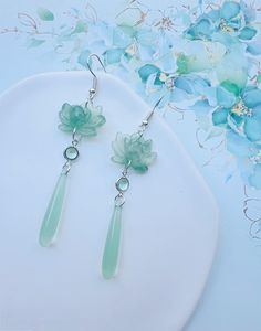 Imitation Green Jade Lotus Flower with Long Crystal Drops Oriental Dangling Earrings, Handmade Earrings, Aesthetic Earrings, Gift For Her Water Lily Earrings, Funky Earrings, Crystal Drop, Green Earrings, Jade Green, Lotus Flower, Green Aesthetic, Handmade Earrings, Lotus