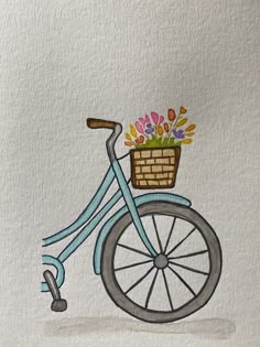 a drawing of a blue bicycle with flowers in the basket on it's front wheel