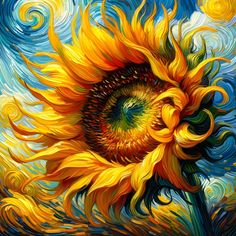 a painting of a sunflower on a blue sky with swirls in the background