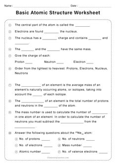 the worksheet for an atomic structure worksheet is shown in black and white