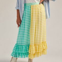 Anthropologie Lynsey Gingham Ruffled Maxi Skirt By Eva Franco Size Xsp (Fits Standard) Featuring All Over-Gingham With A Striking, Two-Toned Effect, This Maxi Skirt Is A Pick That's As Spring-Ready As It Is Sweet. Nwt. Polyester; Polyester Lining Elastic Waist Maxi Silhouette Ruffled Hem Pull-On Styling Hand Wash Dimensions 33.75"L Spring Picnic Skirt With Ruffles, Spring Gingham Skirt, White Skirt For Spring Picnic, Spring Gingham Skirt For Day Out, Gingham Skirt For Day Out In Spring, Spring Gingham Ruffled Skirt, Spring Plaid Ruffled Skirt Bottoms, Spring Gingham Tiered Skirt, Gingham Tiered Skirt For Spring