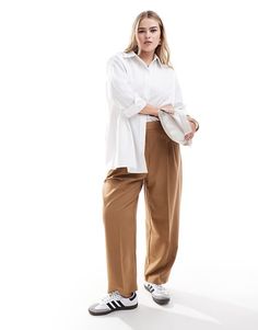 ASOS DESIGN Curve tailored barrel leg pants in brown | ASOS Oversized Wide Leg Pants For Fall Workwear, Oversized Straight Leg Bottoms For Workwear, Oversized Wide Leg Straight Pants For Work, Brown Baggy Wide Leg Pants For Work, Brown Wide Leg Pants With Pockets For Office, Business Casual Brown Wide Leg Pants With Pockets, Brown Wide Leg Pants With Pockets For Business Casual, Brown Relaxed Fit Wide Leg Work Pants, Brown Relaxed Fit Wide Leg Pants For Work