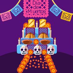 an image of a poster for dia de muertos with skulls on the table