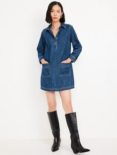 Jean Popover Shirt Dress | Old Navy Denim Shirt Dress Outfit, Rich Girl Fashion, Shirt Dress Outfit, Feminine Blouses, Jean Dress, Summer Capsule Wardrobe, Popover Shirt, Fashion Capsule, Denim Shirt Dress