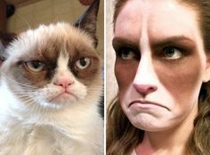 two pictures one with a woman's face and the other with a grumpy cat