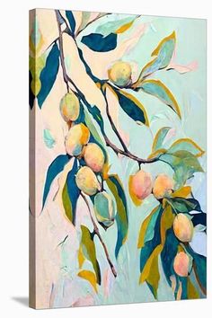 an oil painting of peaches on a tree branch