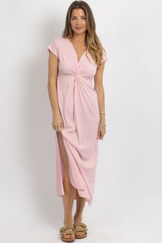 Fitted Twist Front Maxi Dress, Pink Stretch Maxi Dress For Vacation, Pink V-neck Stretch Maxi Dress, Pink Stretch Casual Maxi Dress, Casual Pink Stretch Maxi Dress, Pink Stretch Maxi Dress Casual Style, Stretch Ruched Maxi Dress For Vacation, Pink Maxi Dress For Spring Loungewear, Pink Ruched Maxi Dress For Day Out