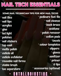 Nail Business Supplies, Nail Tech Prices Guide, Things You Need To Start Doing Acrylic Nails, What Do You Need To Start A Nail Business, Nail Essentials For Beginners, Nail Technician Instagram Bio, Everything You Need To Be A Nail Tech, Nail Tech Tips For Clients, Starting Nail Tech