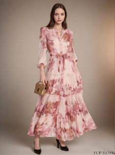 Poprose - Elegant Floral Print Maxi Dress for Women's Summer Fashion Elegant Rose Print Maxi Dress For Spring, Elegant Rose Print Spring Maxi Dress, Elegant Spring Maxi Dress With Rose Print, Elegant Rose Print Maxi Dress, Elegant Maxi Dress With Rose Print, Elegant Pink Floral Dress For Daywear, Feminine Long Sleeve Rose Print Dress, Elegant Flowy Pink Floral Dress, Elegant Pink Flowy Floral Dress