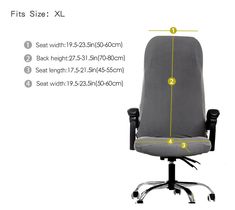 an office chair with measurements for the seat and backrest, shown in grey fabric