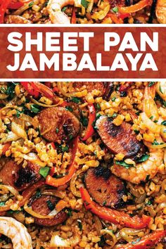 sheet pan jambaalaya with shrimp, sausage and peppers in it on a plate