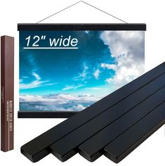 an image of a tv screen with the words 16'wide on it and two wooden planks next to it