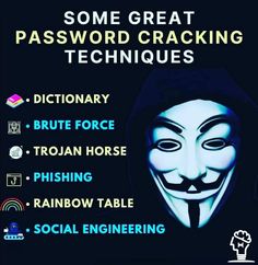 a poster with the words'some great password cracking techniques dictionary'and an image of a person wearing a mask