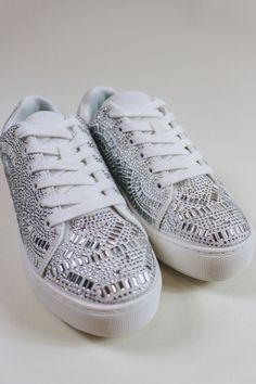 Strut in style with the Georgie White Rhinestone Sneaker Very G! These sparkling kicks feature a platform for added height and a touch of glamour. Perfect for standing out in a crowd and adding some fun to your footwear game. Get ready to shine! Beaded Shoes, Platform Sneaker, White Rhinestone, Beaded Embroidery, Some Fun, The Struts, Sneakers