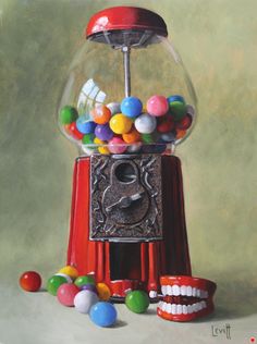 a painting of a gumball machine with many balls in front of it and an open mouth