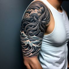 an octopus tattoo on the arm and shoulder