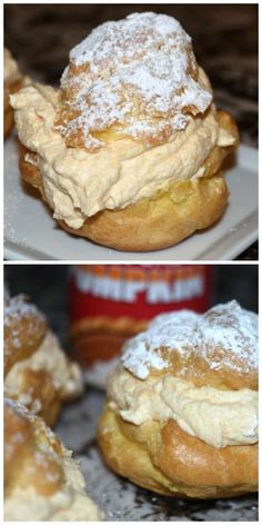 two pictures of pastries with icing and powdered sugar on the top one