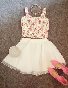 Pink Stilettos, Silver Purse, Floral Bustier, Cute Styles, White Skirt