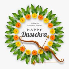 happy dussekra with flowers and an arrow