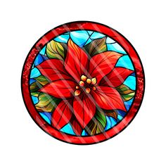 a red poinsettia in a stained glass circle