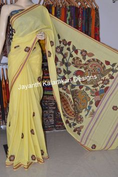 Handloom cotton pen kalamkari applique work saree Patch Work, Hand Painting, Designer Sarees, Saree Collection, Fabric Painting, Saree Designs