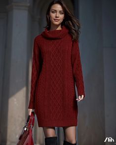 Zlily - Knitted Sweater Dress with Long Turtleneck Fall Pointelle Knit Sweater Dress, Knitted Turtleneck Sweater Dress, Chic Pointelle Knit Sweater Dress For Fall, Casual Pointelle Knit Dresses For Fall, Fall Pointelle Knit Dress, Elegant Pointelle Knit Sweater Dress For Winter, Thick Turtleneck, Winter Sweaters Oversized, Cute Oversized Sweaters