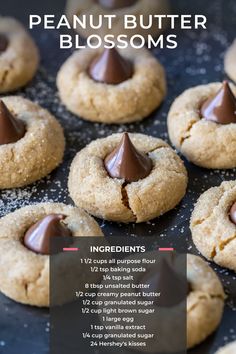 peanut butter blossom cookies on a baking sheet with text overlay that reads, ingredients