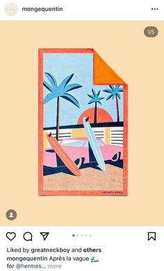 an instagram page with a surfboard and palm trees on the beach in pastel colors