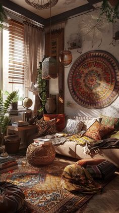 a living room filled with lots of furniture and plants on top of the rugs