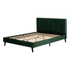 a green bed frame with wooden slats