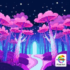 a pixel art scene with trees and a path