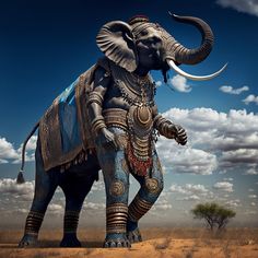 an elephant standing in the middle of a desert under a blue sky with white clouds