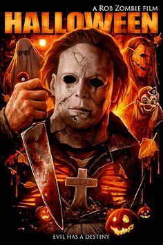 a movie poster for halloween with an evil man holding a knife and wearing a mask