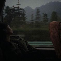 a person sitting on a train looking out the window at mountains and trees in the distance